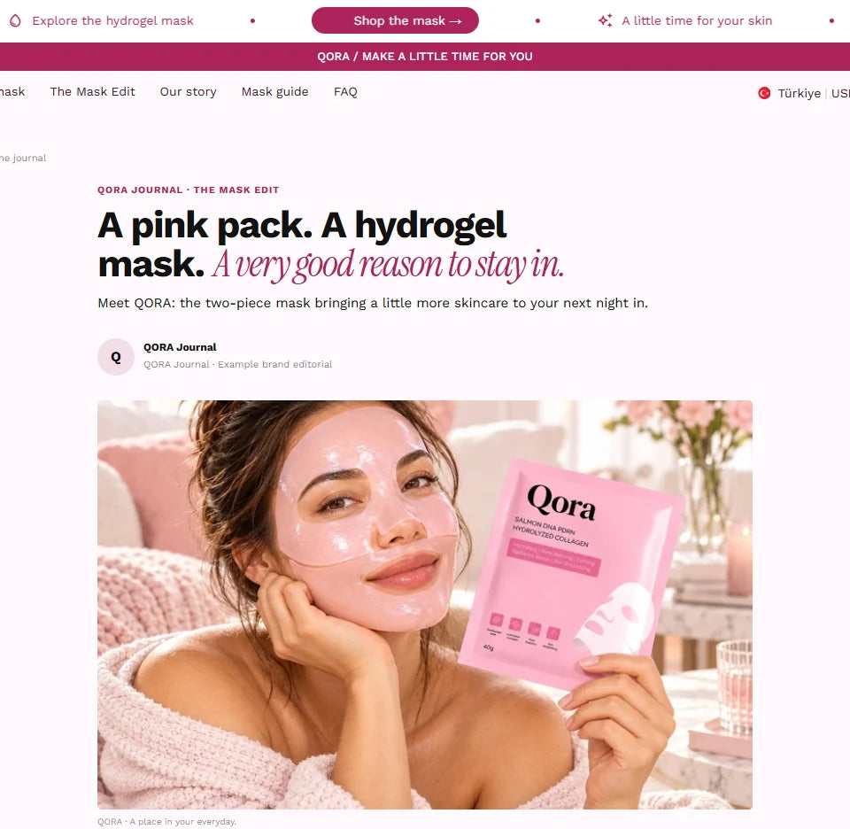 QORA editorial page with its headline and skincare photography